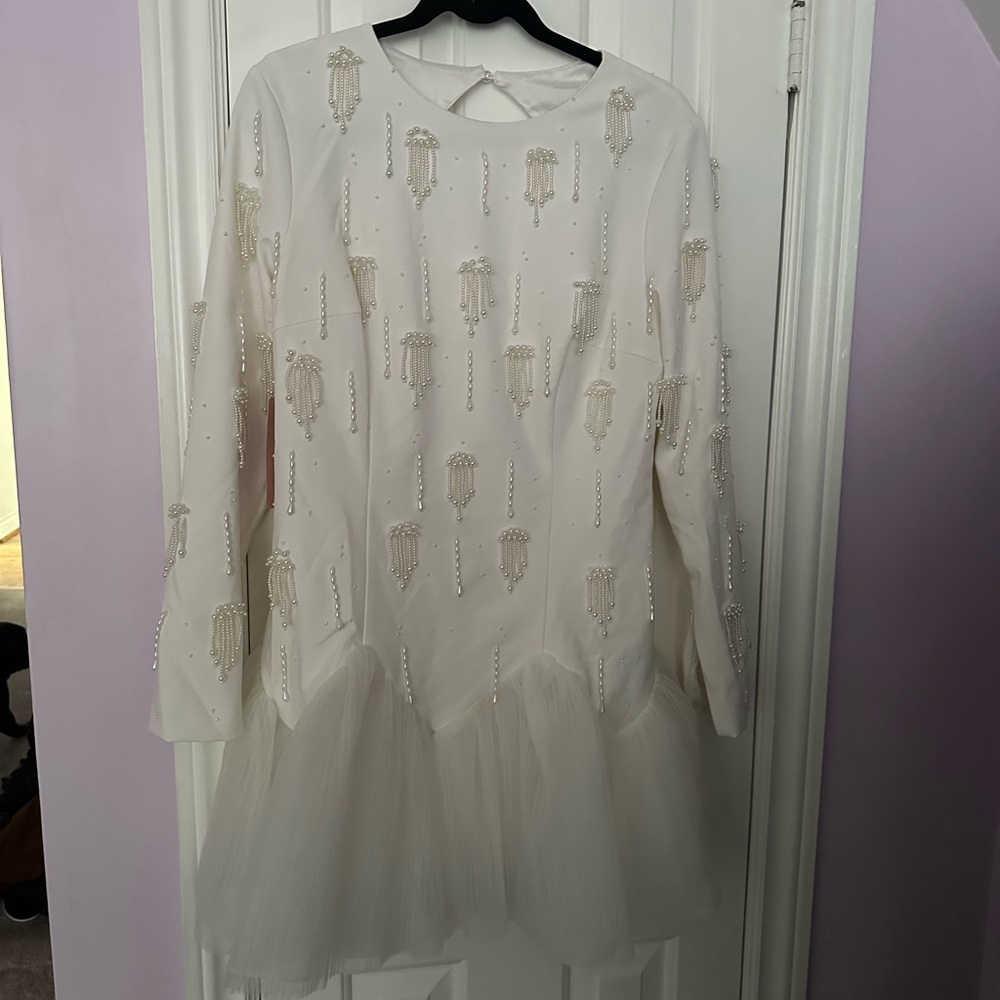 BHLDN White Long Sleeve Dress with Pearl Accents